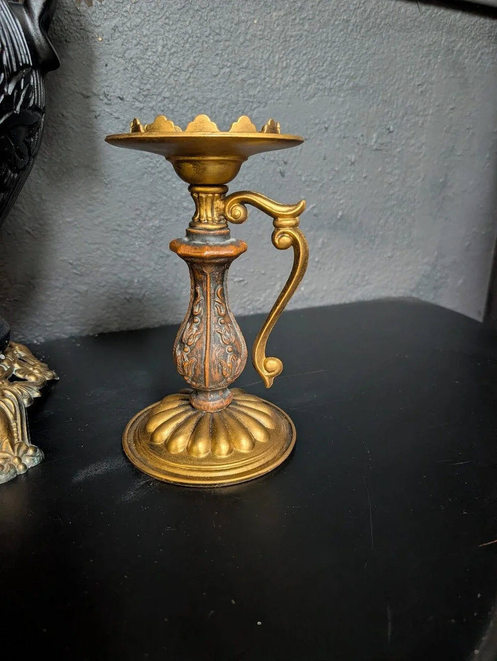 Vintage Mid Century / Gothic Style Scroll Details Candle Holder Gold & Faux Wood